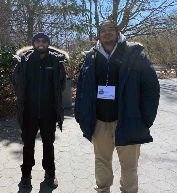 Grant and Timal, CHWs from Neighborhood Housing Services of Brooklyn, in Prospect Park. photo: Shola Thompson, DOHMH